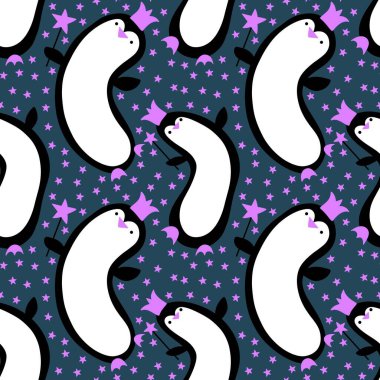 Doğum günü hayvanları kağıt, kumaş, çarşaf ve çocuk kıyafetleri ve parti aksesuarları için kusursuz penguen desenleri. Yüksek kaliteli illüstrasyon