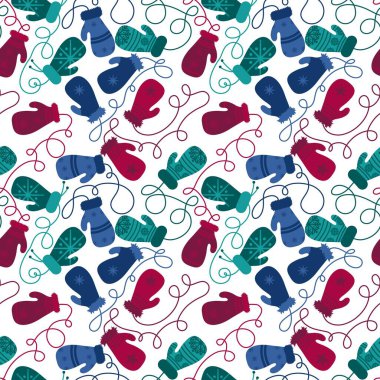 Yeni yıl aksesuarları, kumaşlar ve çarşaflar için dikişsiz eldivenler ve kar taneleri deseni ve ambalaj kağıdı ve çocuk giysileri baskısı ve parti tekstili. Yüksek kaliteli illüstrasyon