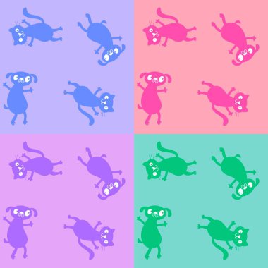 Çizgi filmlerdeki hayvanlar, kediler, köpekler ve balık kemikleri kağıtlar, kumaşlar, çarşaflar ve çocuk giysileri baskıları ve parti aksesuarları için desenler. Yüksek kaliteli illüstrasyon