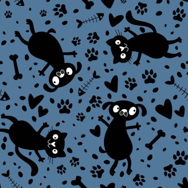 Çizgi filmlerdeki hayvanlar, kediler, köpekler ve balık kemikleri kağıtlar, kumaşlar, çarşaflar ve çocuk giysileri baskıları ve parti aksesuarları için desenler. Yüksek kaliteli illüstrasyon