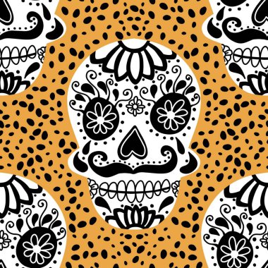 Cadılar Bayramı canavarları kağıt, kumaş, çarşaf ve parti aksesuarları için kusursuz kafatası desenleri. Yüksek kaliteli illüstrasyon