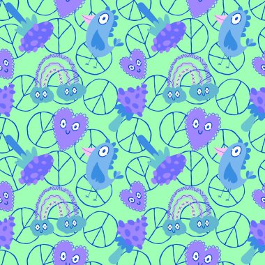 Çizgi film karalamaları, derlenmemiş mantarlar, kuşlar, bulutlar ve kalpler kağıt, kumaş, çarşaf ve çocuk giysileri ve parti aksesuarları için. Yüksek kaliteli illüstrasyon