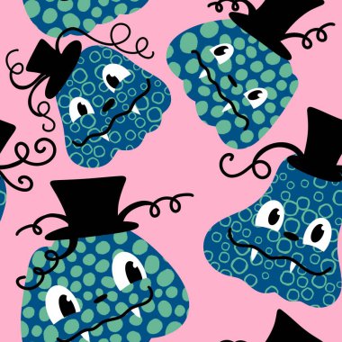 Cadılar Bayramı balkabakları kağıt, kumaş, çarşaf, çocuk giysisi baskısı, şenlik ambalajı ve sonbahar partisi aksesuarları için kusursuz canavar desenleri. Yüksek kaliteli illüstrasyon