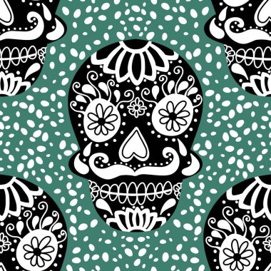 Cadılar Bayramı canavarları kağıt, kumaş, çarşaf ve parti aksesuarları için kusursuz kafatası desenleri. Yüksek kaliteli illüstrasyon