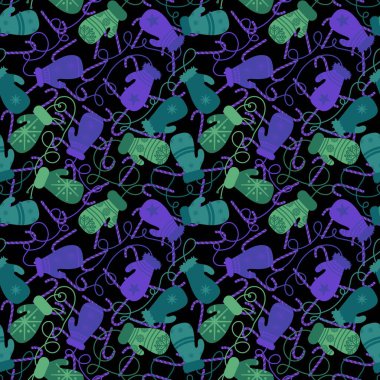 Yeni yıl aksesuarları, kumaşlar ve çarşaflar için dikişsiz eldivenler ve kar taneleri deseni ve ambalaj kağıdı ve çocuk giysileri baskısı ve parti tekstili. Yüksek kaliteli illüstrasyon