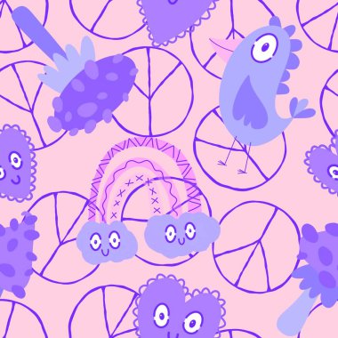 Çizgi film karalamaları, derlenmemiş mantarlar, kuşlar, bulutlar ve kalpler kağıt, kumaş, çarşaf ve çocuk giysileri ve parti aksesuarları için. Yüksek kaliteli illüstrasyon