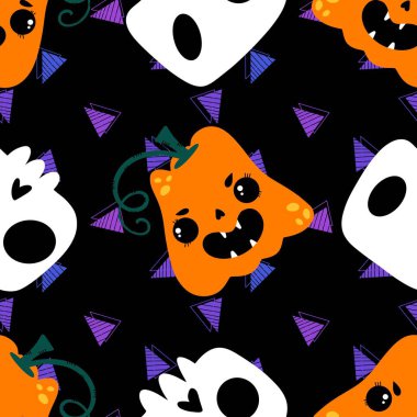 Cadılar Bayramı balkabakları kağıt, kumaş, çarşaf, çocuk giysisi baskısı, şenlik ambalajı ve sonbahar partisi aksesuarları için kusursuz canavar desenleri. Yüksek kaliteli illüstrasyon