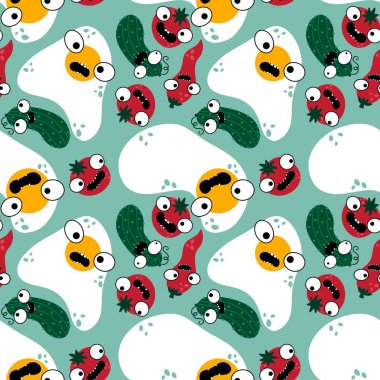 Sonbahar sebzesiz domates ve salatalık desenli ambalaj kağıdı, kumaş, çarşaf ve çocuk giysisi baskısı, mutfak tekstili ve moda aksesuarları. Yüksek kaliteli illüstrasyon