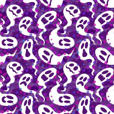 Cadılar Bayramı hayaletleri kağıt, kumaş, çarşaf ve çocuk giysileri baskısı, ambalaj ve şenlikli aksesuarlar için kusursuz çizgi film desenleri. Yüksek kaliteli illüstrasyon