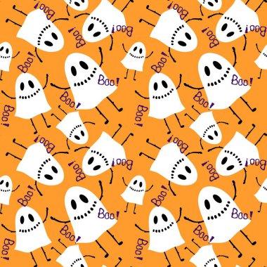 Cadılar Bayramı hayaletleri kağıt, kumaş, çarşaf ve çocuk giysileri baskısı, ambalaj ve şenlikli aksesuarlar için kusursuz çizgi film desenleri. Yüksek kaliteli illüstrasyon