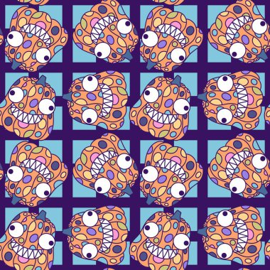 Cadılar Bayramı balkabakları kağıt, kumaş, çarşaf, çocuk giysisi baskısı, şenlik ambalajı ve sonbahar partisi aksesuarları için kusursuz canavar desenleri. Yüksek kaliteli illüstrasyon