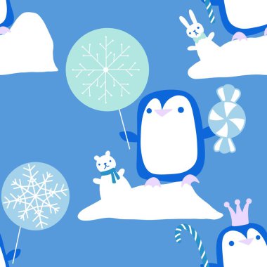 Doğum günü hayvanları kağıt, kumaş, çarşaf ve çocuk kıyafetleri ve parti aksesuarları için kusursuz penguen desenleri. Yüksek kaliteli illüstrasyon