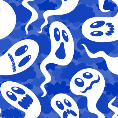 Cadılar Bayramı hayaletleri kağıt, kumaş, çarşaf ve çocuk giysileri baskısı, ambalaj ve şenlikli aksesuarlar için kusursuz çizgi film desenleri. Yüksek kaliteli illüstrasyon