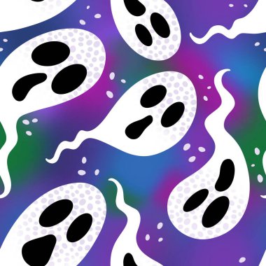 Cadılar Bayramı hayaletleri kağıt, kumaş, çarşaf ve çocuk giysileri baskısı, ambalaj ve şenlikli aksesuarlar için kusursuz çizgi film desenleri. Yüksek kaliteli illüstrasyon