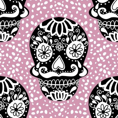 Cadılar Bayramı canavarları kağıt, kumaş, çarşaf ve parti aksesuarları için kusursuz kafatası desenleri. Yüksek kaliteli illüstrasyon