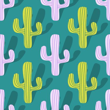 Kağıt, kumaş, çarşaf, tatil aksesuarları ve çocuk giysileri baskısı ve mayo tekstili için yaz çiçeksiz kaktüs deseni. Yüksek kaliteli illüstrasyon