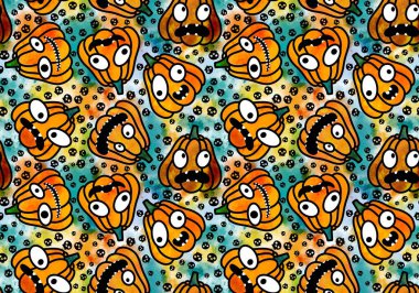 Cadılar Bayramı balkabakları kağıt, kumaş, çarşaf, çocuk giysisi baskısı, şenlik ambalajı ve sonbahar partisi aksesuarları için kusursuz canavar desenleri. Yüksek kaliteli illüstrasyon