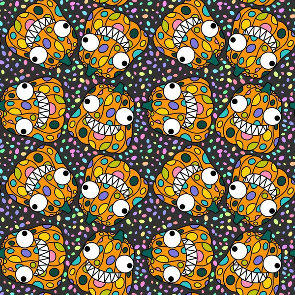 Cadılar Bayramı balkabakları kağıt, kumaş, çarşaf, çocuk giysisi baskısı, şenlik ambalajı ve sonbahar partisi aksesuarları için kusursuz canavar desenleri. Yüksek kaliteli illüstrasyon