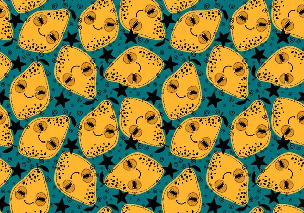 Kağıt, kumaş, çarşaf, çocuk giysisi baskısı ve yaz partisi aksesuarları için tatlı meyvesiz limon deseni. Yüksek kaliteli illüstrasyon