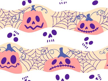 Cadılar Bayramı balkabakları kağıt, kumaş, çarşaf, çocuk giysisi baskısı, şenlik ambalajı ve sonbahar partisi aksesuarları için kusursuz canavar desenleri. Yüksek kaliteli illüstrasyon