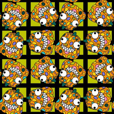 Cadılar Bayramı balkabakları kağıt, kumaş, çarşaf, çocuk giysisi baskısı, şenlik ambalajı ve sonbahar partisi aksesuarları için kusursuz canavar desenleri. Yüksek kaliteli illüstrasyon