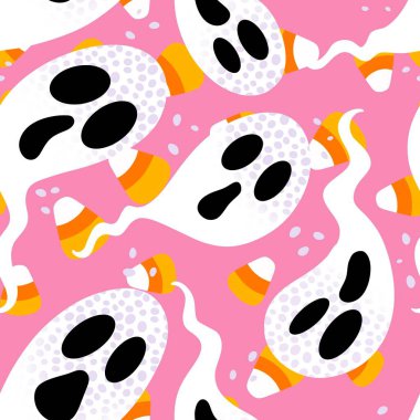 Cadılar Bayramı hayaletleri kağıt, kumaş, çarşaf ve çocuk giysileri baskısı, ambalaj ve şenlikli aksesuarlar için kusursuz çizgi film desenleri. Yüksek kaliteli illüstrasyon