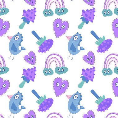 Çizgi film karalamaları, derlenmemiş mantarlar, kuşlar, bulutlar ve kalpler kağıt, kumaş, çarşaf ve çocuk giysileri ve parti aksesuarları için. Yüksek kaliteli illüstrasyon