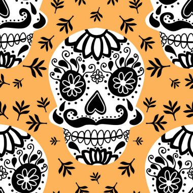 Cadılar Bayramı canavarları kağıt, kumaş, çarşaf ve parti aksesuarları için kusursuz kafatası desenleri. Yüksek kaliteli illüstrasyon