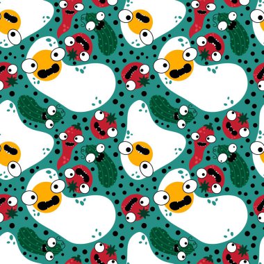 Sonbahar sebzesiz domates ve salatalık desenli ambalaj kağıdı, kumaş, çarşaf ve çocuk giysisi baskısı, mutfak tekstili ve moda aksesuarları. Yüksek kaliteli illüstrasyon