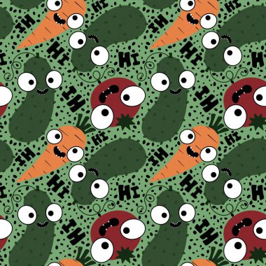 Sonbahar sebzesiz domates ve salatalık desenli ambalaj kağıdı, kumaş, çarşaf ve çocuk giysisi baskısı, mutfak tekstili ve moda aksesuarları. Yüksek kaliteli illüstrasyon