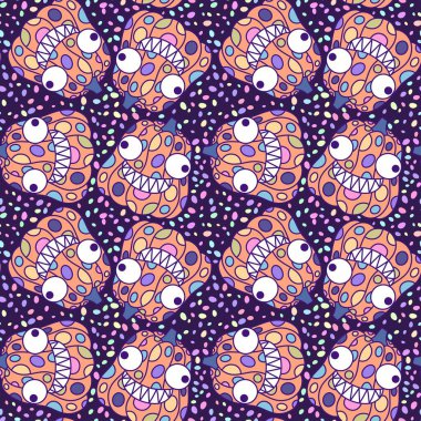 Cadılar Bayramı balkabakları kağıt, kumaş, çarşaf, çocuk giysisi baskısı, şenlik ambalajı ve sonbahar partisi aksesuarları için kusursuz canavar desenleri. Yüksek kaliteli illüstrasyon