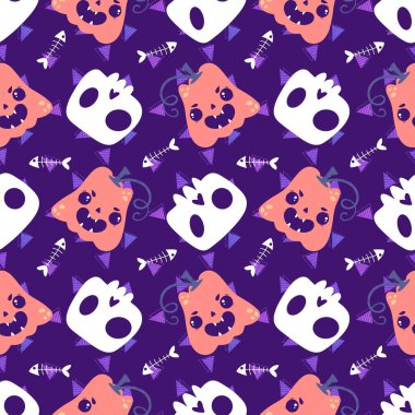 Cadılar Bayramı balkabakları kağıt, kumaş, çarşaf, çocuk giysisi baskısı, şenlik ambalajı ve sonbahar partisi aksesuarları için kusursuz canavar desenleri. Yüksek kaliteli illüstrasyon