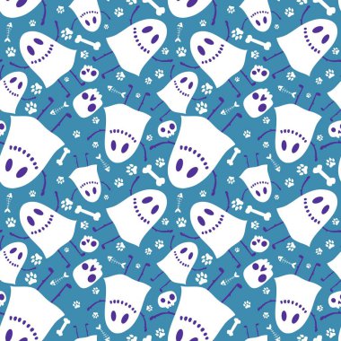 Cadılar Bayramı hayaletleri kağıt, kumaş, çarşaf ve çocuk giysileri baskısı, ambalaj ve şenlikli aksesuarlar için kusursuz çizgi film desenleri. Yüksek kaliteli illüstrasyon