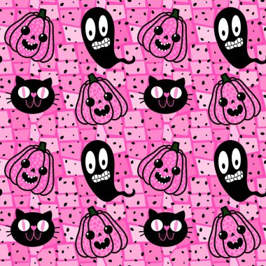 Cadılar Bayramı balkabakları kağıt, kumaş, çarşaf, çocuk giysisi baskısı, şenlik ambalajı ve sonbahar partisi aksesuarları için kusursuz canavar desenleri. Yüksek kaliteli illüstrasyon