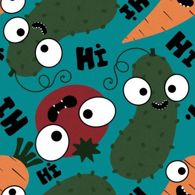 Sonbahar sebzesiz domates ve salatalık desenli ambalaj kağıdı, kumaş, çarşaf ve çocuk giysisi baskısı, mutfak tekstili ve moda aksesuarları. Yüksek kaliteli illüstrasyon