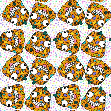 Cadılar Bayramı balkabakları kağıt, kumaş, çarşaf, çocuk giysisi baskısı, şenlik ambalajı ve sonbahar partisi aksesuarları için kusursuz canavar desenleri. Yüksek kaliteli illüstrasyon