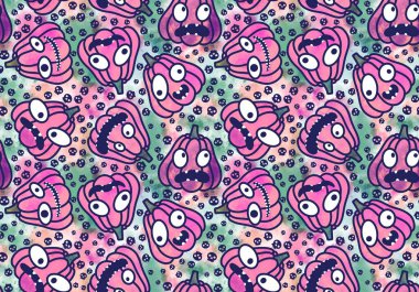 Cadılar Bayramı balkabakları kağıt, kumaş, çarşaf, çocuk giysisi baskısı, şenlik ambalajı ve sonbahar partisi aksesuarları için kusursuz canavar desenleri. Yüksek kaliteli illüstrasyon