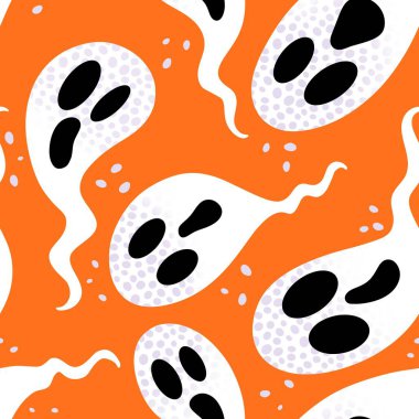 Cadılar Bayramı hayaletleri kağıt, kumaş, çarşaf ve çocuk giysileri baskısı, ambalaj ve şenlikli aksesuarlar için kusursuz çizgi film desenleri. Yüksek kaliteli illüstrasyon