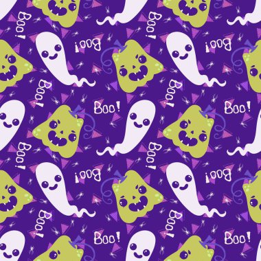 Cadılar Bayramı balkabakları kağıt, kumaş, çarşaf, çocuk giysisi baskısı, şenlik ambalajı ve sonbahar partisi aksesuarları için kusursuz canavar desenleri. Yüksek kaliteli illüstrasyon