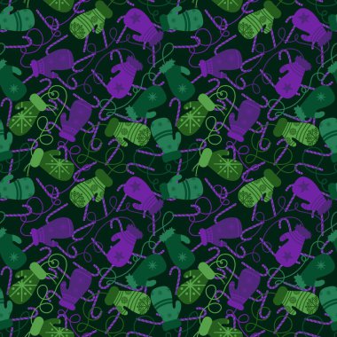 Yeni yıl aksesuarları, kumaşlar ve çarşaflar için dikişsiz eldivenler ve kar taneleri deseni ve ambalaj kağıdı ve çocuk giysileri baskısı ve parti tekstili. Yüksek kaliteli illüstrasyon