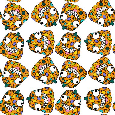 Cadılar Bayramı balkabakları kağıt, kumaş, çarşaf, çocuk giysisi baskısı, şenlik ambalajı ve sonbahar partisi aksesuarları için kusursuz canavar desenleri. Yüksek kaliteli illüstrasyon