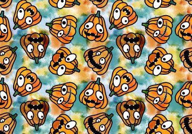 Cadılar Bayramı balkabakları kağıt, kumaş, çarşaf, çocuk giysisi baskısı, şenlik ambalajı ve sonbahar partisi aksesuarları için kusursuz canavar desenleri. Yüksek kaliteli illüstrasyon