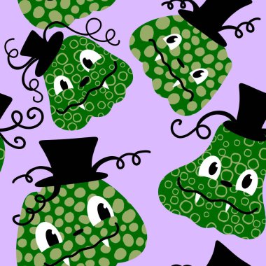 Cadılar Bayramı balkabakları kağıt, kumaş, çarşaf, çocuk giysisi baskısı, şenlik ambalajı ve sonbahar partisi aksesuarları için kusursuz canavar desenleri. Yüksek kaliteli illüstrasyon