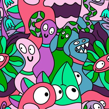 Çizgi filmlerde cadılar bayramı uzaylıları, kağıt, kumaş, çarşaf, çocuk kıyafetleri ve parti aksesuarları için kusursuz canavar desenleri çizerler. Yüksek kaliteli illüstrasyon