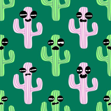 Kağıt, kumaş, çarşaf, tatil aksesuarları ve çocuk giysileri baskısı ve mayo tekstili için yaz çiçeksiz kaktüs deseni. Yüksek kaliteli illüstrasyon
