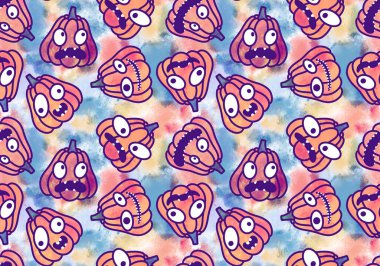 Cadılar Bayramı balkabakları kağıt, kumaş, çarşaf, çocuk giysisi baskısı, şenlik ambalajı ve sonbahar partisi aksesuarları için kusursuz canavar desenleri. Yüksek kaliteli illüstrasyon