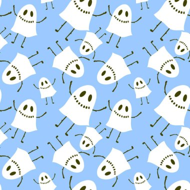 Cadılar Bayramı hayaletleri kağıt, kumaş, çarşaf ve çocuk giysileri baskısı, ambalaj ve şenlikli aksesuarlar için kusursuz çizgi film desenleri. Yüksek kaliteli illüstrasyon