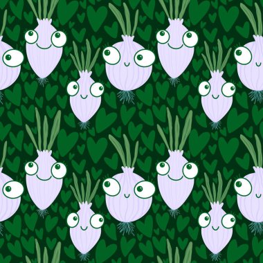 Sonbahar hasadı, kağıt, kumaş, çarşaf ve çocuk giysileri ve yaz partisi aksesuarları için dikişsiz soğan deseni. Yüksek kaliteli illüstrasyon