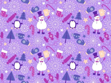 Kumaşlar, tekstil ve ambalajlar, hediyeler, kartlar, çarşaflar ve çocuklar için kusursuz kardan adam deseni.