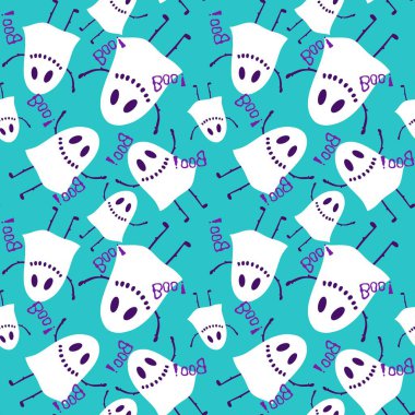 Cadılar Bayramı hayaletleri kağıt, kumaş, çarşaf ve çocuk giysileri baskısı, ambalaj ve şenlikli aksesuarlar için kusursuz çizgi film desenleri. Yüksek kaliteli illüstrasyon